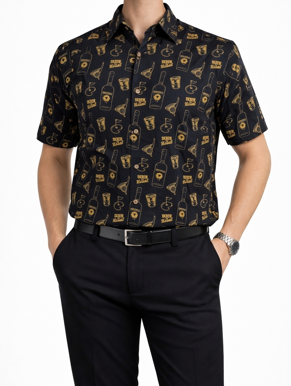 Skrewball Whiskey Men’s Button Up Shirt Medium Black Gold Graphic Stretch Casual